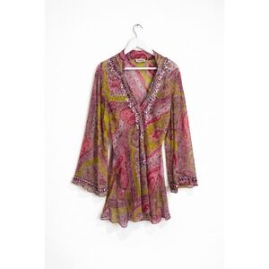 Signature Beaded Paisley Tunic Sheer Silk Kaftan Style Pink Green Bell Sleeve OS